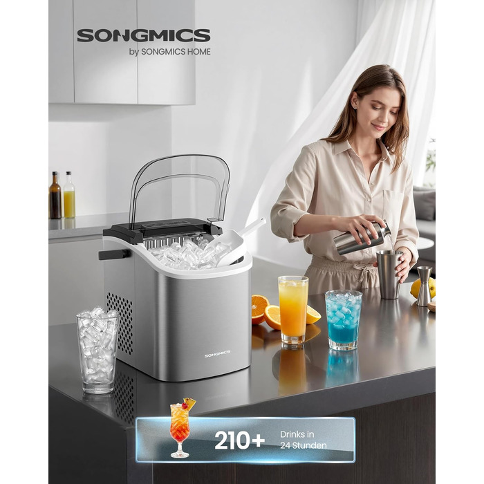 Апарата для льоду SONGMICS XZB001B1EU (Сріблястий): Швидке виробництво 9 кубиків за 6 хвилин, 12 кг/24 год, портативна, для дому, вечірок, кемпінгу