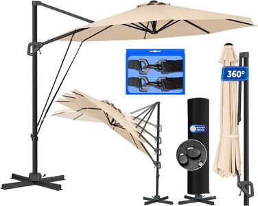 Парасолька для саду KESSER SUN XL 330 см, кругла, беж, з чохлом, 7-позиційна, нахил, 360° обертання, з вітрозахистом, ручка, UV50+