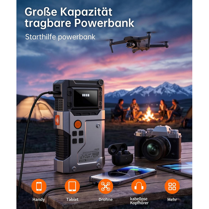 Бустер для автомобіля Starthilfe Powerbank 6000A — Пусковий пристрій для всіх типів авто, чорно-сірий