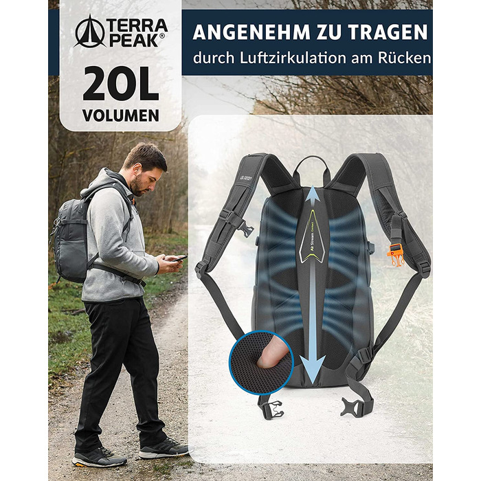 Рюкзак Terra Peak Flex 20 Premium 20 л з вентиляцією спини, питною системою та дощовиком – туристичний рюкзак з дихаючого 3D Air Mesh поліестеру з поясом на стегна для походів та активного відпочинку