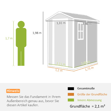 Outsunny Garden Shed 2,1 м², Водонепроникний садовий сарай з підлоговим односхилим дахом, 131x186x198/172 см, Сарай для інструментів з дверима, що замикаються, Вікно Велосипедний гараж, Садова шафа з алюмінію, для заднього двору, Саду, Сірий
