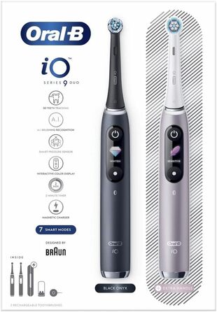 Електрична зубна щітка Oral-B iO 9 Duopack (2 щітки), чорна та рожева, з штучним інтелектом, дорожніми кейсами та насадками