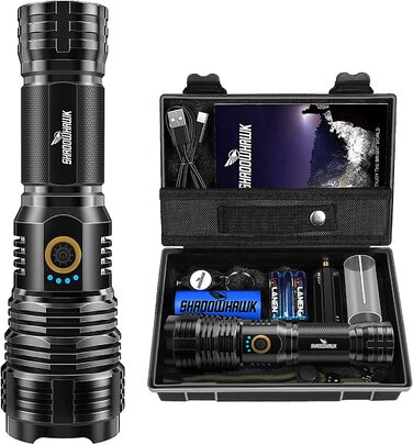Ліхтарик Shadowhawk LED, акумуляторний, 20000 люмен, тактичний, USB-зарядка, XHP70.2, водонепроникний IP67, з чохлом, для кемпінгу, екстрених ситуацій, чорний