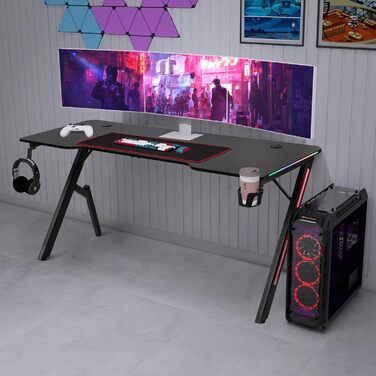 Ігровий стіл Todeco 160x60 см з LED підсвічуванням, з поверхнею з карбону, тримач для навушників та підсклянник, ергономічний ігровий стіл для ПК