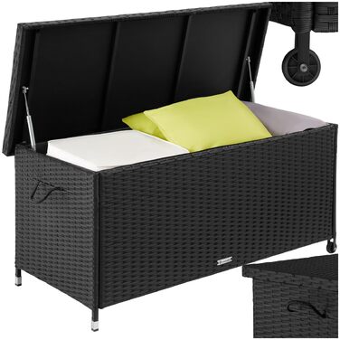 Ящик для зберігання вуличний Tectake Poly Rattan 270л, чорний - водонепроникний, з замком, колісний, для саду, тераси, меблів