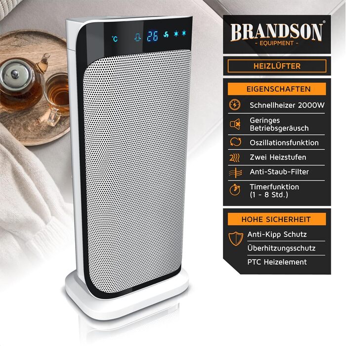 Енергозберігаючий керамічний обігрівач Brandson з дистанційним керуванням, для ванної, тихий, з таймером, функцією обертання, білий, GS сертифікат