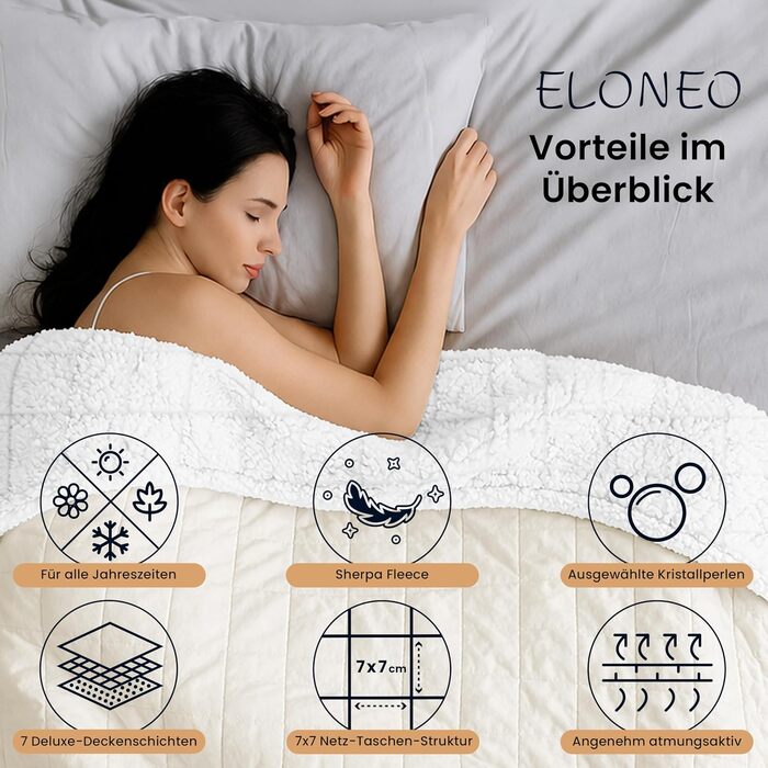 Обважнююча ковдра ELONEO Sherpa Fleece 200x200 см, 9 кг, антистрес-ковдра для сну з сертифікатом Oeko-Tex, біла
