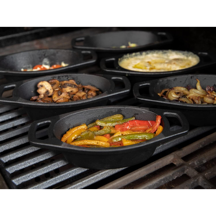 Набір з 6 овальних чавунних сковорідок Grillfürst, 20x9,5x5 см, емальовані, для гриля, духовки, індукції та вогнища — заміна раклета, форма для запікання