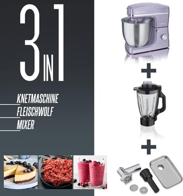 Кухонний комбайн HEINRICHS 3-в-1: міксер, м'ясорубка, кухонний прилад 1500W, 6 швидкостей, 1.5л чаша, 10л нержавіюча сталь (фіолетовий)
