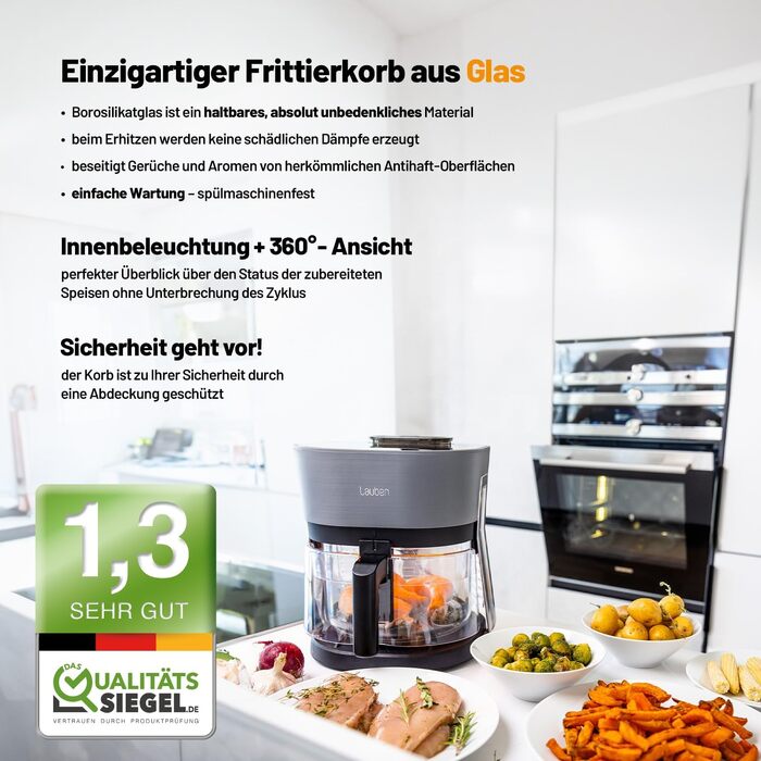 Аерофритюрниця Lauben Glass&Steam 4500BG зі скляним кошиком та функцією пари, 8 програм, 4.5л