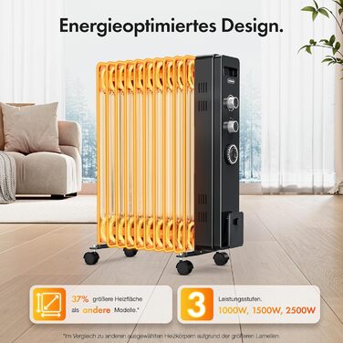 Масляний радіатор VonHaus 2500W, електричний обігрівач з термостатом, 3 режимами потужності, таймером на 24г та 11 секціями (Чорний)