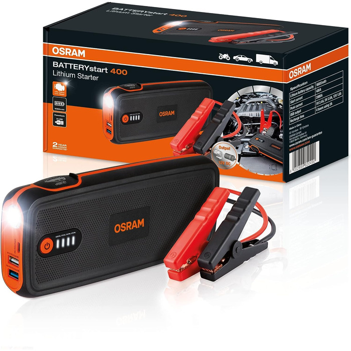 Osram BATTERYstart 400: Літієвий пусковий пристрій 2000A 12V з Powerbank для бензинових та дизельних двигунів (до 8L бензин, 4L дизель), 16800mAh