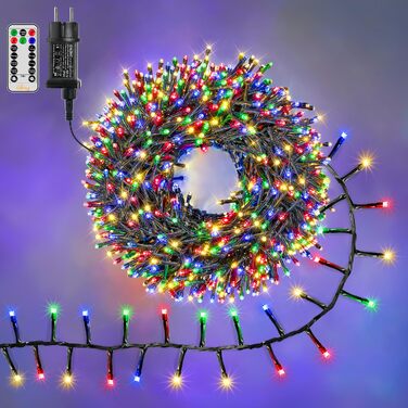 Світлодіодна гірлянда Ollny Cluster 1000 LED, 15м, багатоколірна (Bunt) — водонепроникна IP44 для вулиці, ялинки та декору, 8 режимів роботи та таймер