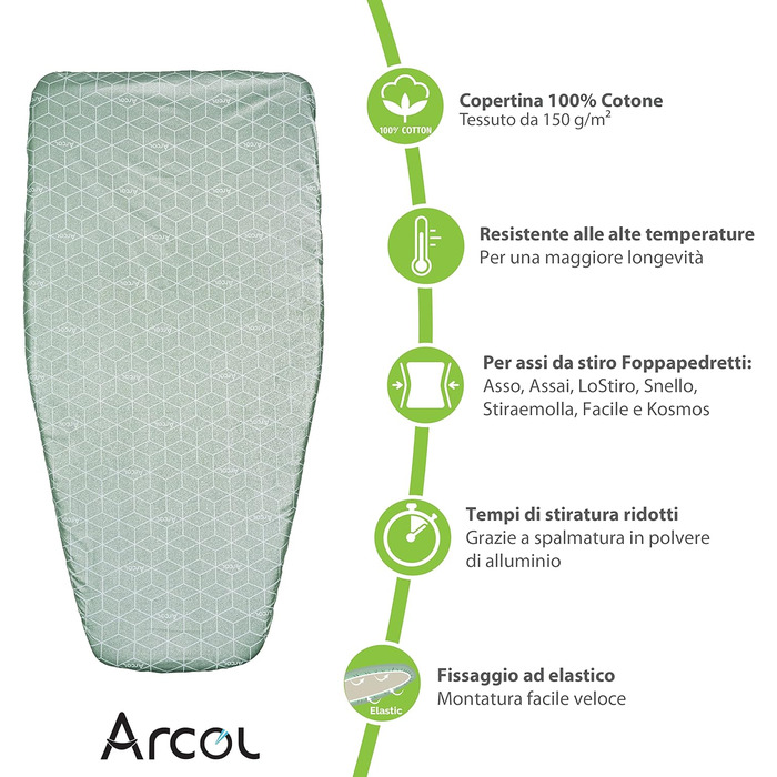 Чохол для прасувальної дошки ARCOL, сумісний з Foppapedretti, запасний чохол із гумкою, 100% бавовна, зелений, сучасний принт, виготовлено в Італії