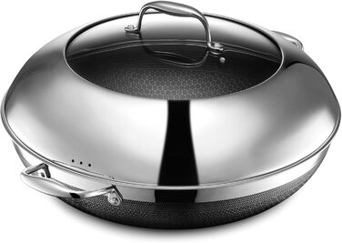 HexClad вок 35 см з нержавіючої сталі з антипригарним покриттям, ручка Stay Cool, сумісний з усіма типами плит, PFOA free, можна мити в посудомийній машині та використовувати в духовці