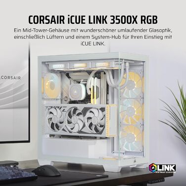 Корпус для ПК CORSAIR iCUE LINK 3500X RGB, середній ATX, білий, загартоване панорамне скло, сумісний з реверсивним підключенням материнської плати, 3 вентилятори RX120 RGB у комплекті