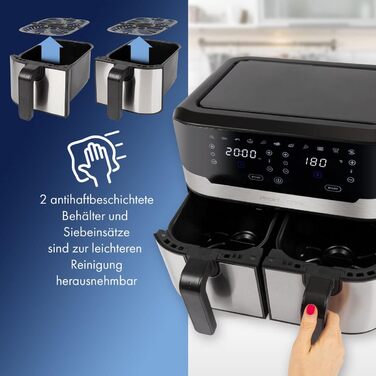 ProfiCook Подвійна аерофритюрниця 9 л XXL, 2400 Вт, 9 програм, сенсорне управління, подвійна камера, без олії