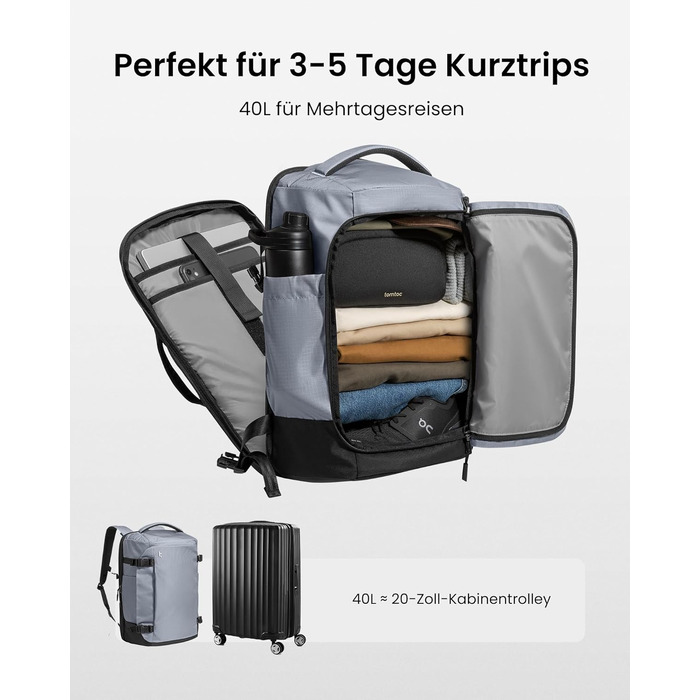 Дорожній рюкзак tomtoc 28L/40L для подорожей та перельотів, TSA-сумісна ручна поклажа, сірий Ripstop