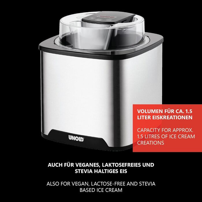 Морозивниця Unold 48855 Gelato, 1.5 л, 12 Вт, LCD-дисплей, цифровий таймер, BPA-free, для веганського, безлактозного та стевієвого морозива