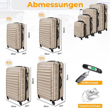 Набір валіз KESSER® з ABS-пластику (4 шт.): S, M, L, XL. З телескопічною ручкою, 4 колеса, ваги та жетон для багажу. Колір: шампань