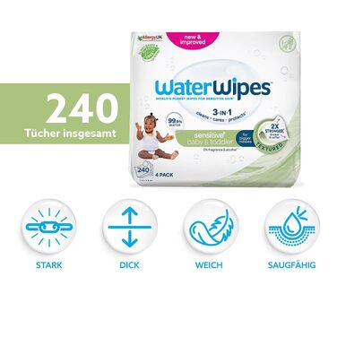 Дитячі вологі серветки WaterWipes Sensitive+ для немовлят та дітей, 99,9% води, 12 пачок по 20 шт (240 шт)