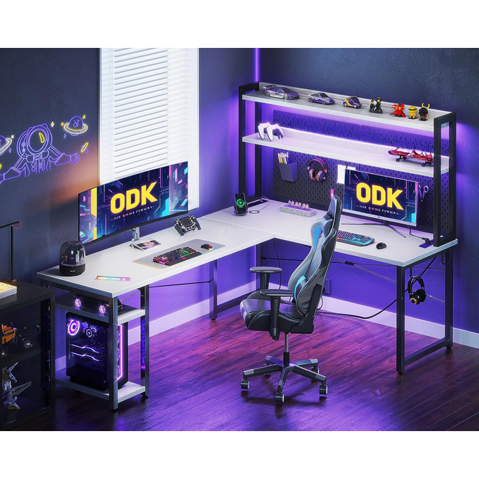 ODK Кутовий комп'ютерний стіл L-подібний з LED-підсвіткою, USB зарядкою та розеткою, білий, для геймінгу та домашнього офісу, 168×120 см