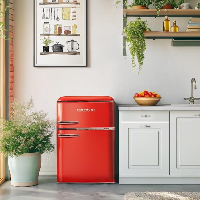 Холодильник Cecotec Bolero CoolMarket 2D Origin 86L - Retro, 89.3 x 48.7 см, 86 л, Клас E, з Ice Box, внутрішнім освітленням та хромованим ручками