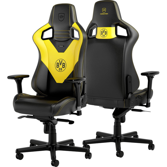Ігрове крісло noblechairs Epic Borussia Dortmund, ергономічне, офісне, з підголівником і поперековою підтримкою, PU-шкіра, чорне/жовте, для користувачів до 120 кг і зросту до 185 см