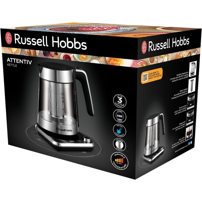 Скляний електрочайник Russell Hobbs Attentiv 26200-70 з регулюванням температури (40-100°C), ситом для чаю, цифровим керуванням та функцією підігріву, 1.7л, 2400Вт, нержавіюча сталь