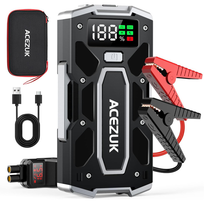 Бустерний пускач ACEZUK 6000A 12V для авто, мотоциклів та газонокосарок (до 7.0L бензин / 5.5L дизель) з LED-ліхтарем та цифровим дисплеєм