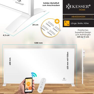 Інфрачервона електронагрівач KESSER 700 Вт, енергоощадна, для підлоги і стіни, з термостатом, дистанційним керуванням та керуванням через додаток, біла