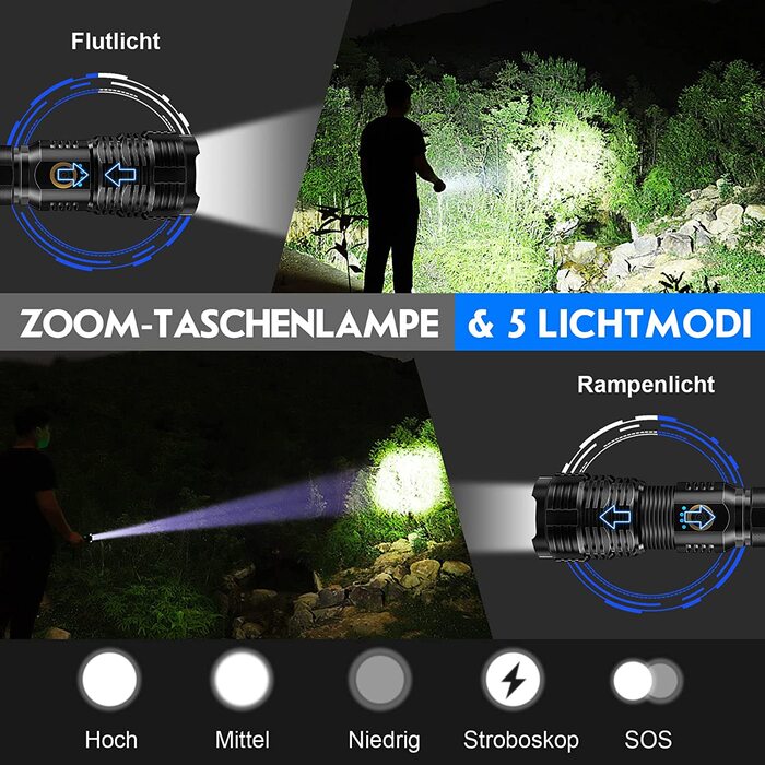 Ліхтарик Shadowhawk LED, акумуляторний, 20000 люмен, тактичний, USB-зарядка, XHP70.2, водонепроникний IP67, з чохлом, для кемпінгу, екстрених ситуацій, чорний