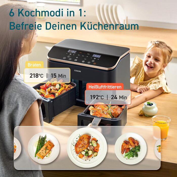 Фритюрниця з двома камерами Cosori AirFryer 8,5 л, 6-в-1, подвійна зона, з оглядовим вікном, енергозберігаюча, 50 рецептів, золота