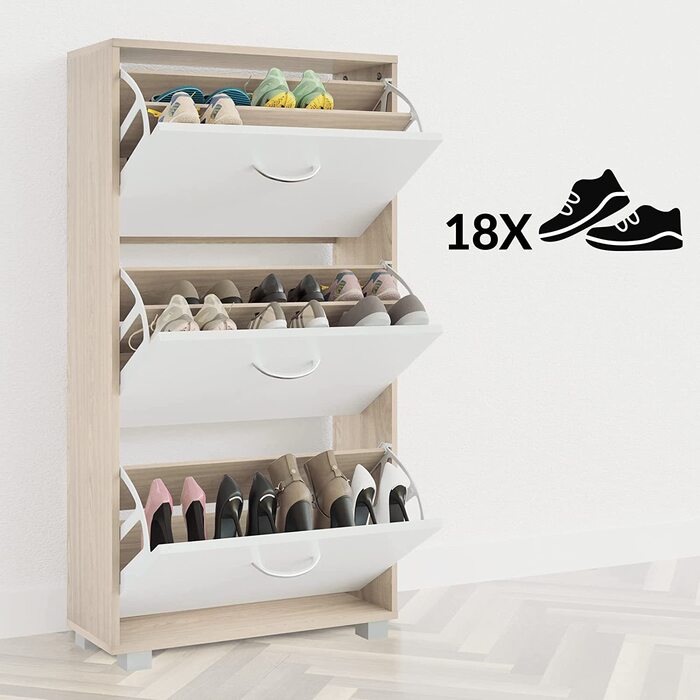 Шафа для взуття Casaria® на 18 пар, вузька, 115x60x25 см, 3 дверцята, висока, з дерева, закрита, з фіксацією від перекидання, для прихожого, світла бука/білий колір