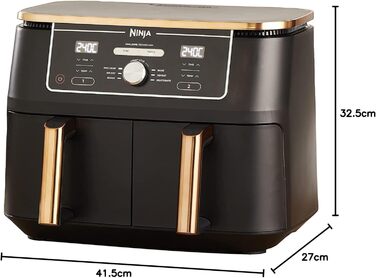 Фритюрниця повітряна Ninja Foodi MAX Dual Zone 9,5 л, 2 кошики, 6-в-1, антипригарне покриття, з щипцями, мідна/чорна, для здорового приготування, AF400EUCP