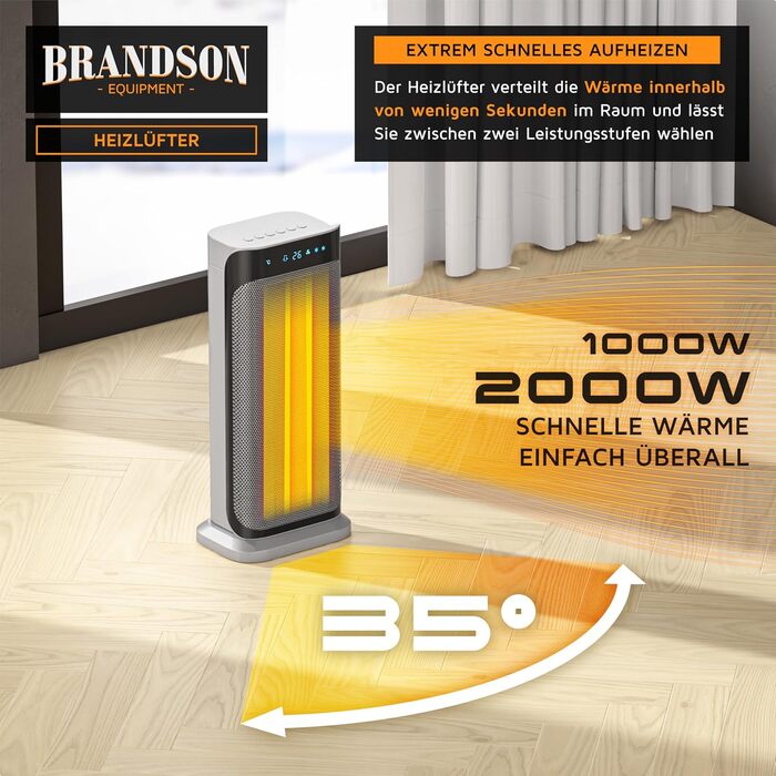 Керамічний обігрівач Brandson 2000 Вт з дистанційним керуванням, енергоощадний, тихий, для ванної кімнати, з осциляцією, сріблястий, сертифікат GS, переможець 2024 року