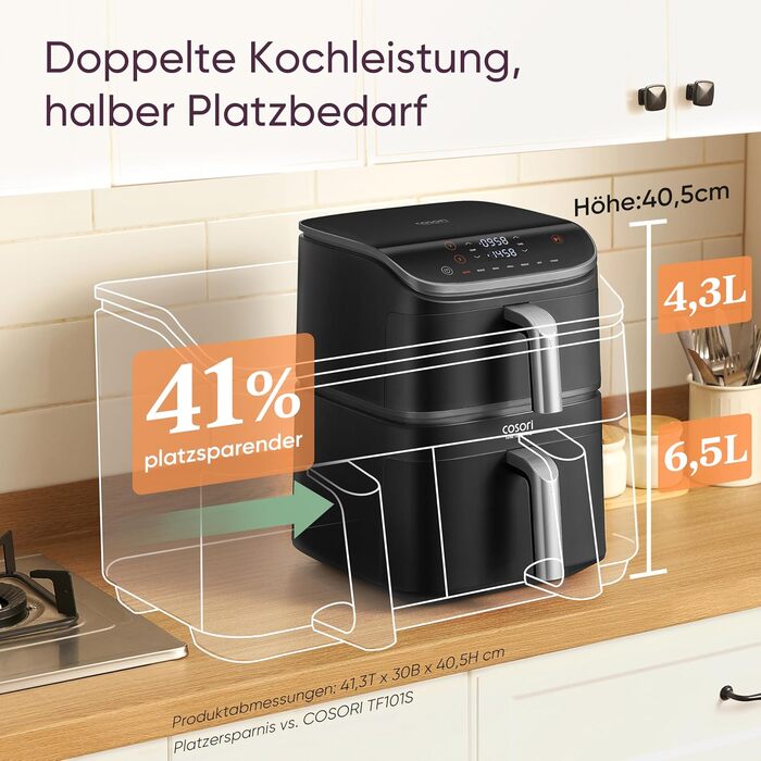 Фритюрниця без олії COSORI Turbo Tower Pro з керамічним покриттям, 2 камери, 10.8 л, DualBlaze, автоматичне регулювання повітряного потоку
