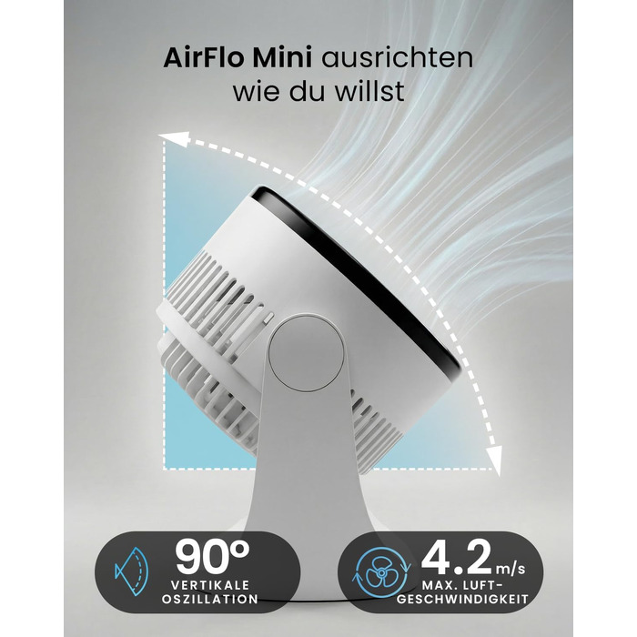 Вентилятор настільний Pro Breeze AirFlo Mini – Тихий турбо-вентилятор з 3 швидкостями, нахилом 90° та потужним потоком повітря до 4,2 м/с, компактний для офісу, спальні та робочого столу, білий