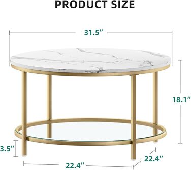 Журнальний стіл YITAHOME, круглий, 2-ярусний, 80x80x46 см, дерев'яний та скляний, з місцем для зберігання, білий і чорний, металевий каркас, для вітальні та спальні