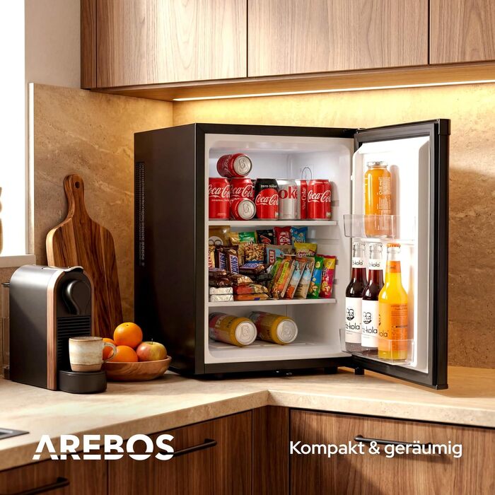 Міні-холодильник Arebos 40L: безшумний компактний бар для напоїв та офісу, з LED-підсвіткою, регулюванням температури та замком, чорний