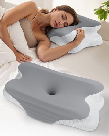Подушка для шиї Feagar з Memory Foam, ергономічна, 2 висоти (8/12 см), сіра. Підтримка шиї та плечей