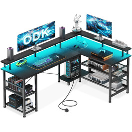 Кутовий ігровий стіл ODK L-подібний з LED-підсвіткою, розеткою та USB-портами, стіл для ПК з полицями та підставкою для монітора, чорний, 150×102 см