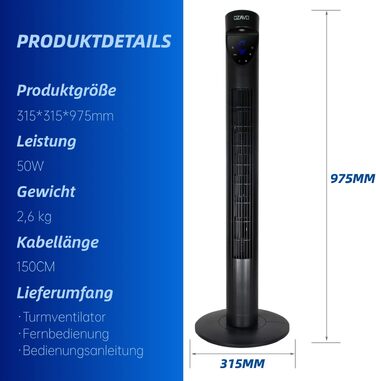 Вентилятор вежовий Turmventilator з пультом, LED-дисплеєм, 3 швидкості, таймером, 70° осциляція, 3 режими, 50W, 97.5 см, чорний