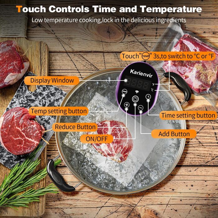 Sous Vide кухонний прилад Karienvir 1400W з LCD дисплеєм та Wi-Fi, точний занурювальний циркулятор для приготування їжі, IPX7 водонепроникний, з таймером