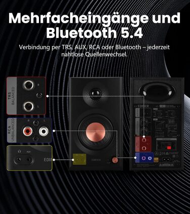 Edifier MR3 - Компактні студійні колонки 2.0, Hi-Res Audio, Bluetooth 5.4, RCA, AUX, керування через додаток, 2 x 18W, Чорний
