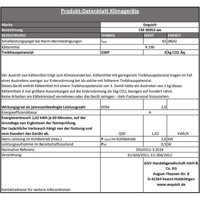 Мобільний кондиціонер Exquisit CM 30953, 9000 BTU, білий