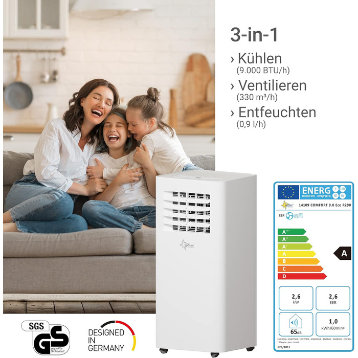 Мобільний кондиціонер SUNTEC Comfort 7.0 Eco R290, 2050 Вт, 7000 BTU, з відводом повітря, охолоджувач і осушувач для кімнат до 25 м², тиха робота, для дому та офісу