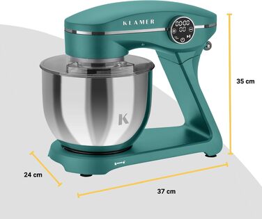 Кухонний комбайн KLAMER 1800W — Планетарний міксер для тіста з чашею 6л, 10 швидкостями та таймером, набір насадок (гак, вінчик, міксер), колір бірюзовий