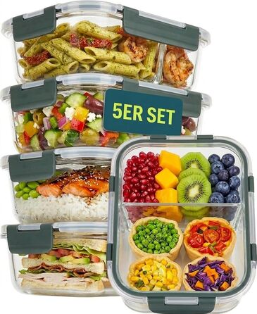 Набір скляних контейнерів для їжі з кришками uandu, 10 предметів, Meal Prep бокси з 2 відділеннями, антрацит