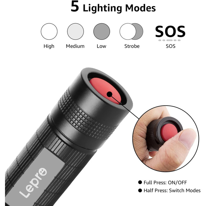 Lepro LED ліхтарик LE2000, надяскравий, 5 режимів, зум, водонепроникний, для кемпінгу, туризму, риболовлі, подарунок (2 шт.)